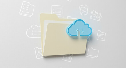 a paper cutout of a document folder chalk drawn file icons around it digital cloud storage symbol overlaying folder data management concept