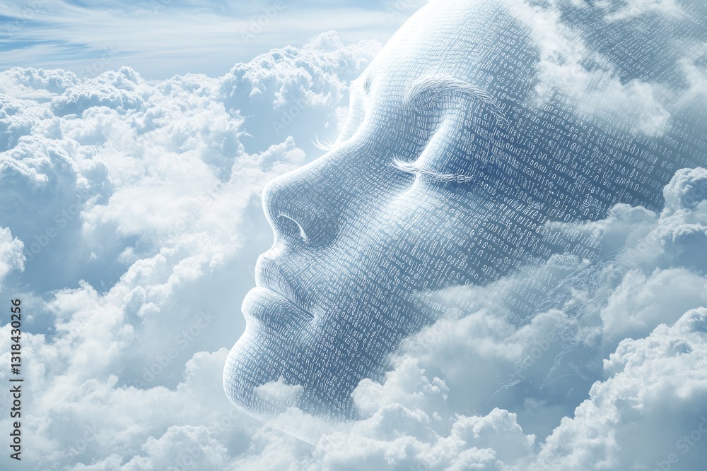 Poster this image features a 3d female figure made from binary code, positioned in front of a tranquil sky 