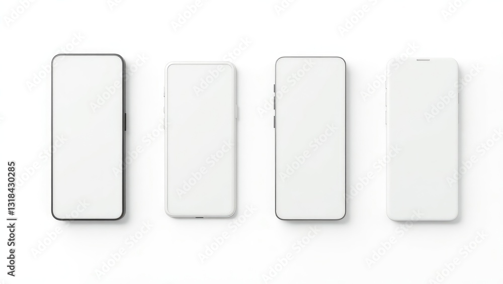Poster flat rays, array of smartphone mockup blank screen isolated on white background with clipping path