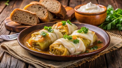 Steamed cabbage rolls served with sour cream and rye bread on a traditional Polish table, european food, comfort food