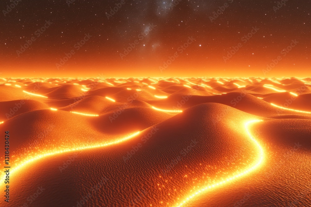 Poster in the midst of a dark background, an abstract landscape appears, featuring a cyberspace grid that b