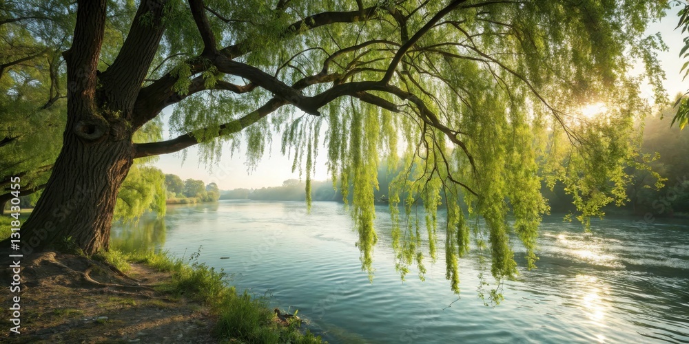 Poster a majestic willow tree gracefully arches over a tranquil river, its cascading branches creating a pi