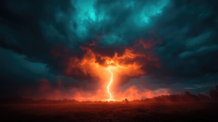 Intense Lightning Storm Illuminating Dark Clouds Over a Field at Dusk