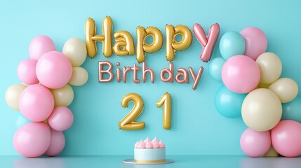 Colorful Balloon Arch with Cake for a Happy 21st Birthday Celebration
