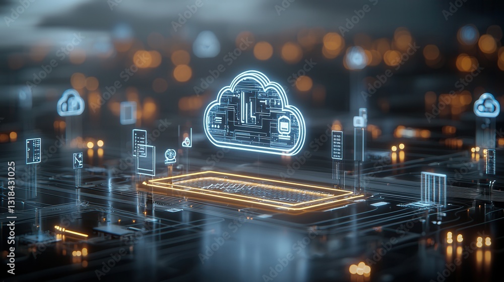 Poster futuristic digital cloud technology hologram interface displaying modern cyber architecture and digi