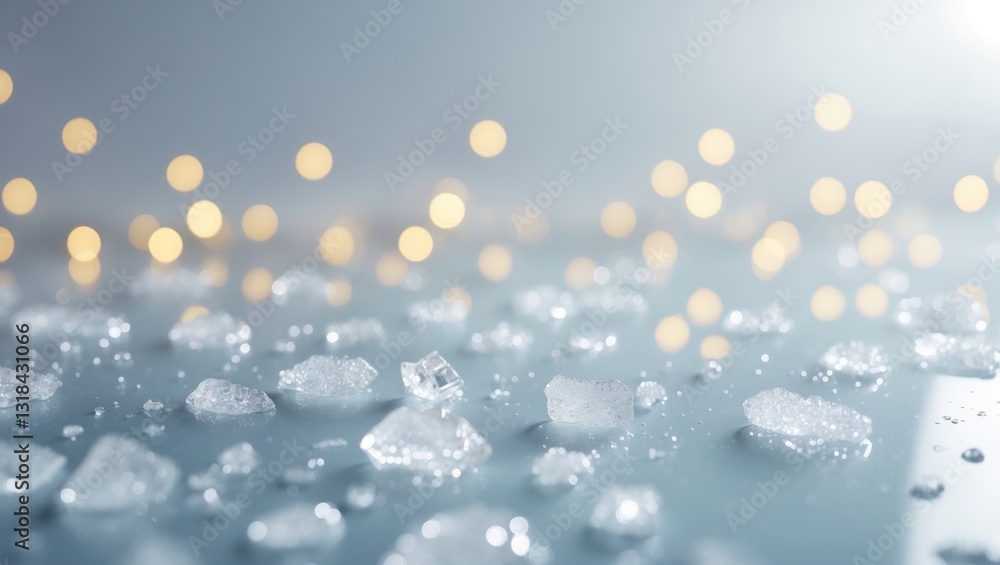 Poster glittering ice with bokeh lights, background featuring empty space for displaying gifts or winter fr