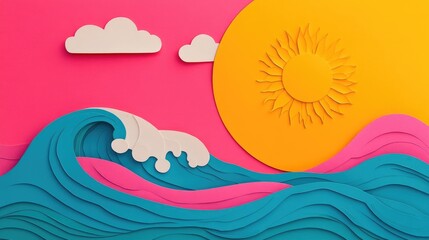 Vibrant Paper Art of Ocean Waves with Sun and Clouds on Bright Pink Background