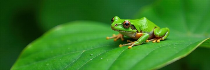 green frog resting on a lush green leaf cluster , relaxing, bush, green