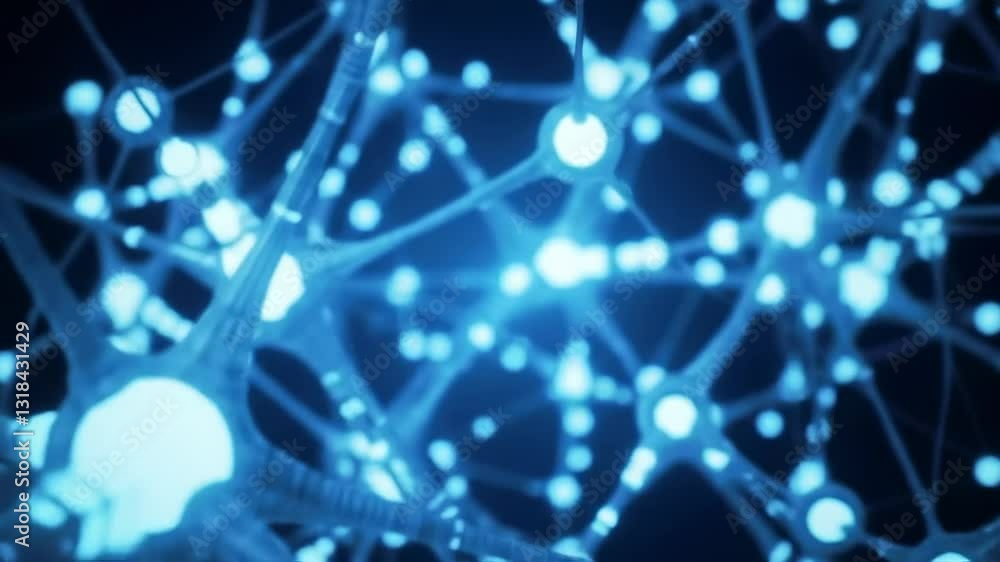 Poster a close-up view of a complex network of neurons depicting neural connections and activity in a blue 