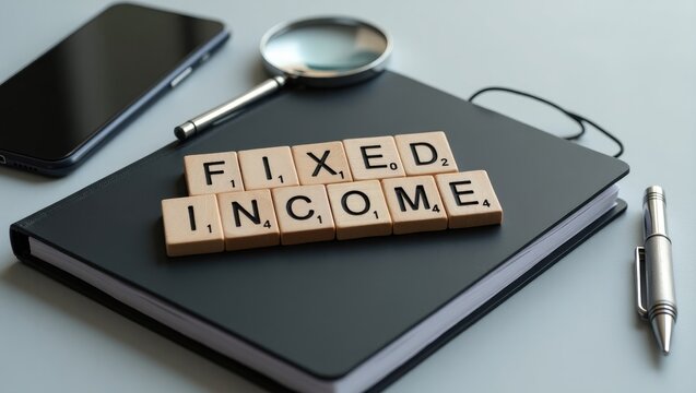 Text reading FIXED INCOME displayed on a wooden block atop a notebook, showcasing a business concept.