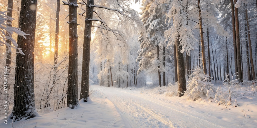 Poster A snowy path winds through a forest of snow-covered trees bathed in the warm glow of the setting sun.