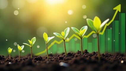 Concept of business development, profit, growth, and success. Young plants flourish against a sunny backdrop. Increasing money, finance, and investment.