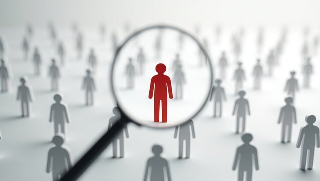 Searching for the ideal individual concept, Magnifying glass highlighting the red figure among numerous ordinary paper cut shapes on a grey backdrop.