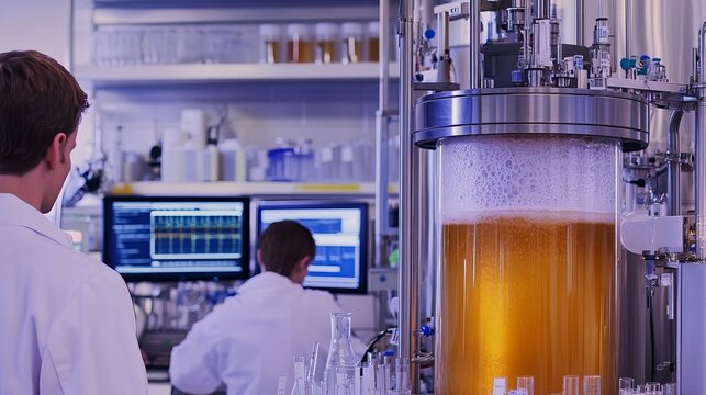 Stainless Steel Bioreactor in Laboratory Environment with Scientists Conducting Experiments - Powered by Adobe