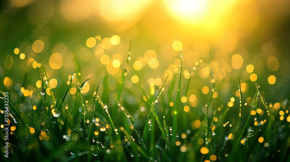 Aufkleber golden light filters through dew-covered grass, creating a magical atmosphere. the droplets sparkle 
