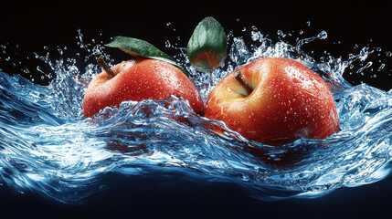 Fresh red apples splashing in water with vibrant energy and refreshing appeal