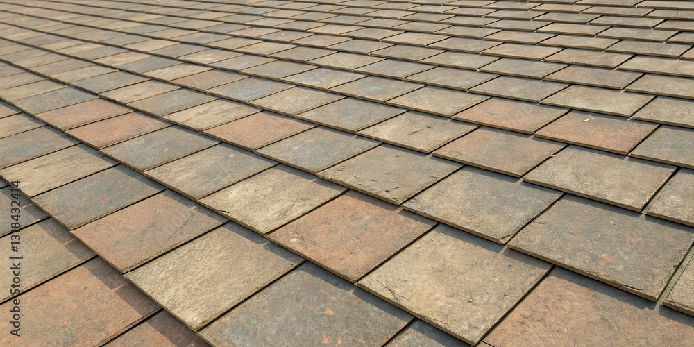 Poster A close-up perspective of a roof with textured tiles, showcasing a repeating pattern of squares and rectangles, featuring a warm and earthy color palette.