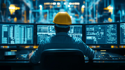 Modern Worker Operating Control Panel in Industrial Setting with Multiple Displays