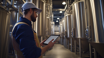 Technician Using Tablet to Monitor Real-Time Data in Industrial Fermentation Facility