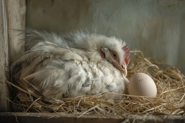 Wide view of a chicken coop where fresh eggs sit beside a resting chicken in a warm nest.