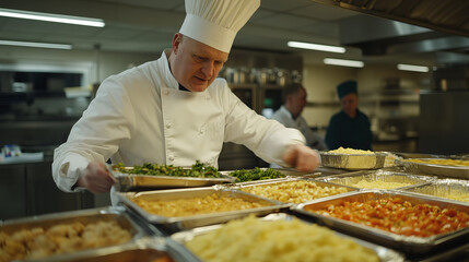 Chef in White Uniform Preparing Meal in Hospital Kitchen with Fresh Ingredients and Equipment