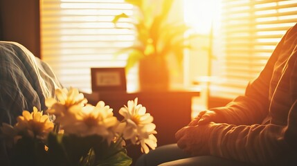 Compassionate Hospital Chaplain Sitting Beside Patient Bed with Flowers and Soft Light