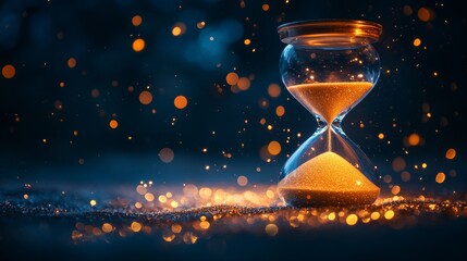 With an hourglass set against a dark background, a mesmerizing scene emerges as its glowing sand shifts gracefully between the compartments