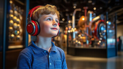 Child with Autism Enjoying Quiet Moment Wearing Noise-Canceling Headphones in Modern Setting