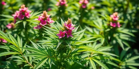 Lush green cannabis plant with vibrant pink blossoms, thriving in natural sunlight, growth, organic
