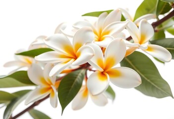 Obraz premium Low angle close-up of pure white plumeria and frangipani blossoms against a stark white backdrop, wedding, flowers