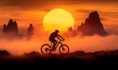 Fototapeta premium Silhouette Mountain Biker Sunset Ride