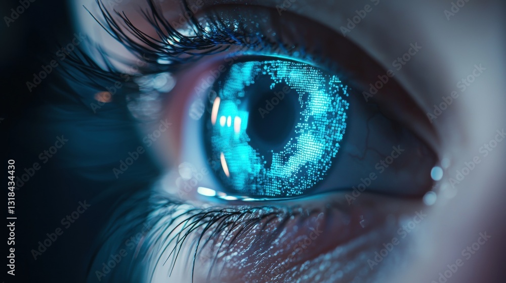Poster a close up shot of a human eye illuminated by a complex pattern of blue lasers, representing an iris
