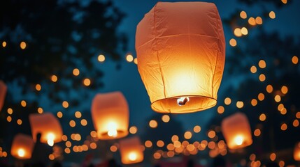 Illuminated sky lanterns at night