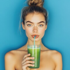 A young woman enjoys a green smoothie against a vibrant blue background.