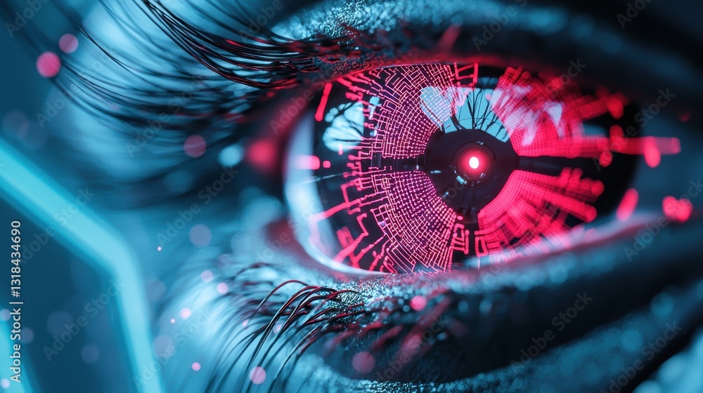 Poster a close up shot of a cybernetic eye with intricate circuitry and a glowing red iris, hinting at adva