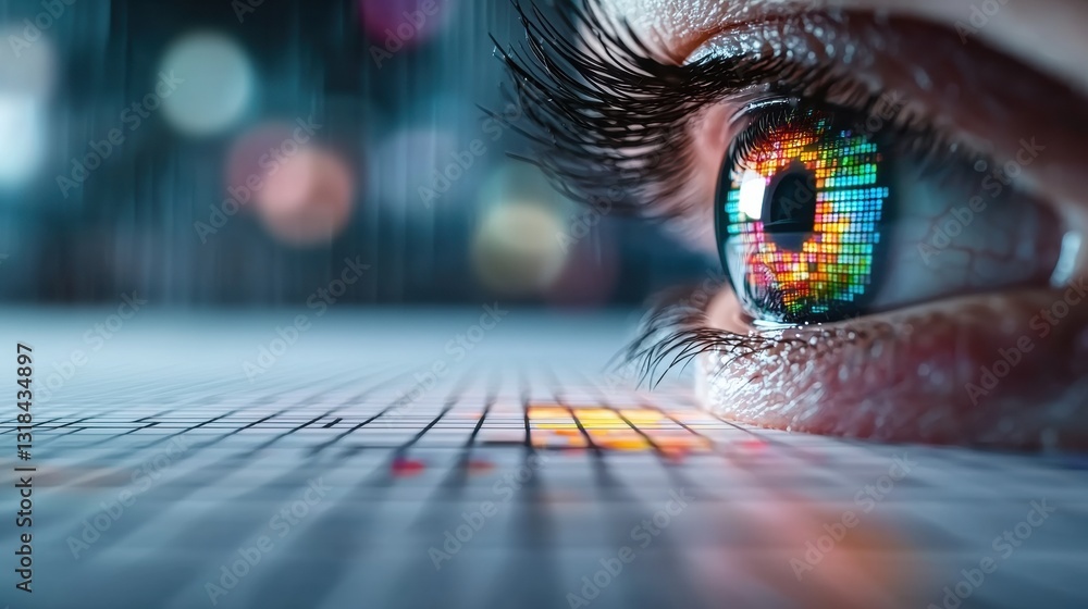 Poster a close up shot of a human eye with a digital grid projected over it, illustrating the concept of ey