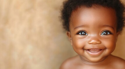 With a beautiful smile, the cute baby has big, twinkling eyes full of joy and chubby cheeks that create dimples when they flash a bright, toothless grin