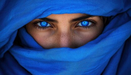 Mysterious woman with striking blue eyes partially covered by a blue scarf.