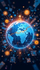 A dynamic digital illustration of a globe surrounded by floating economic graphs. Creative and Futuristic Economic Growth Illustration