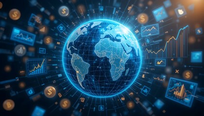 A dynamic digital illustration of a globe surrounded by floating economic graphs. Creative and Futuristic Economic Growth Illustration
