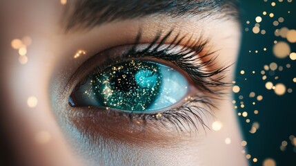 A surreal image of a human eye with holographic projections emerging from it, showcasing the convergence of human perception and digital data.