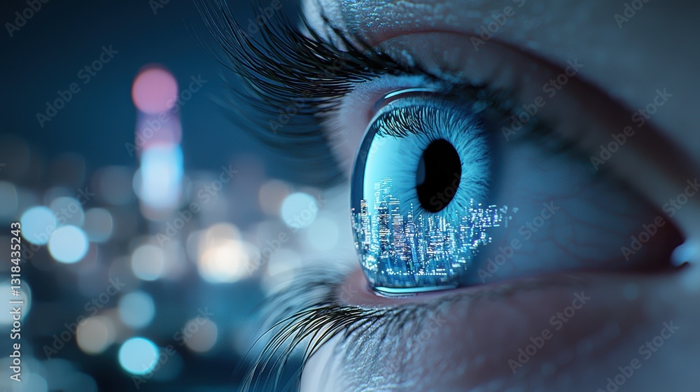 Poster a futuristic cityscape reflected in a human eye, overlaid with augmented reality elements and data v
