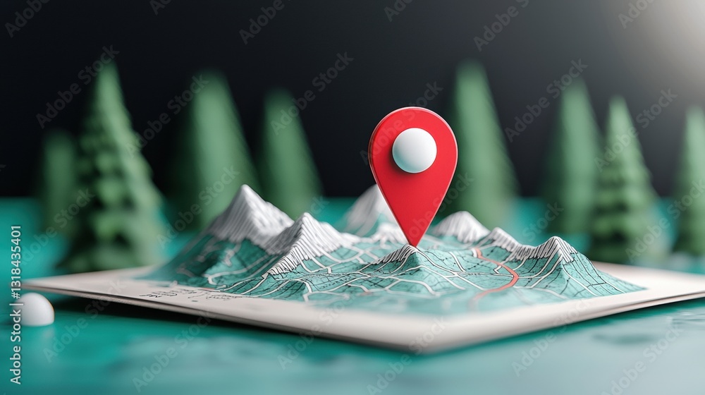 Poster a single red location pin dropped onto a paper map, marking a specific destination or point of inter