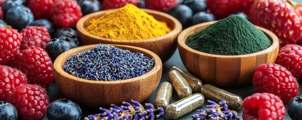 Fototapeta premium Close up image shows healthy food and supplement ingredients