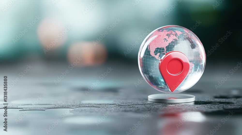 Poster a close up shot of a 3d location pin with a transparent globe inside, symbolizing global positioning