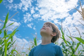Portrait of a boy standing in a corn field looking up at the sky, USA