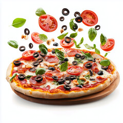 italian pizza, floating ingredients on top falling, isolated on white background