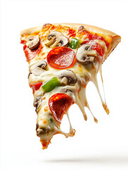 A freshly baked pizza slice with bubbling cheese, pepperoni, and herbs, isolated on a white background,