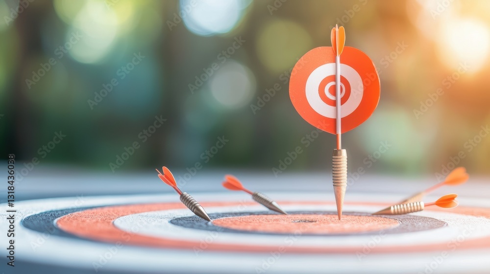 Poster a dartboard with multiple pins scattered around the bullseye, illustrating the concept of aiming for