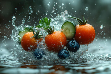 Fresh Fruits And Vegetables Splashing In Water